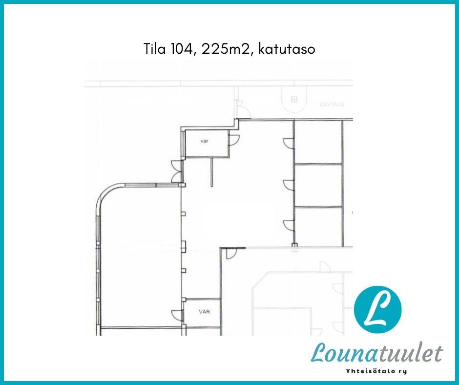 Pohjapiirustus 225m2 toimitilasta, jossa kaksi isoa tilaa, kolme pienempää huonetta, kaksi varastohuonetta ja kaksi sisäänkäyntiä.